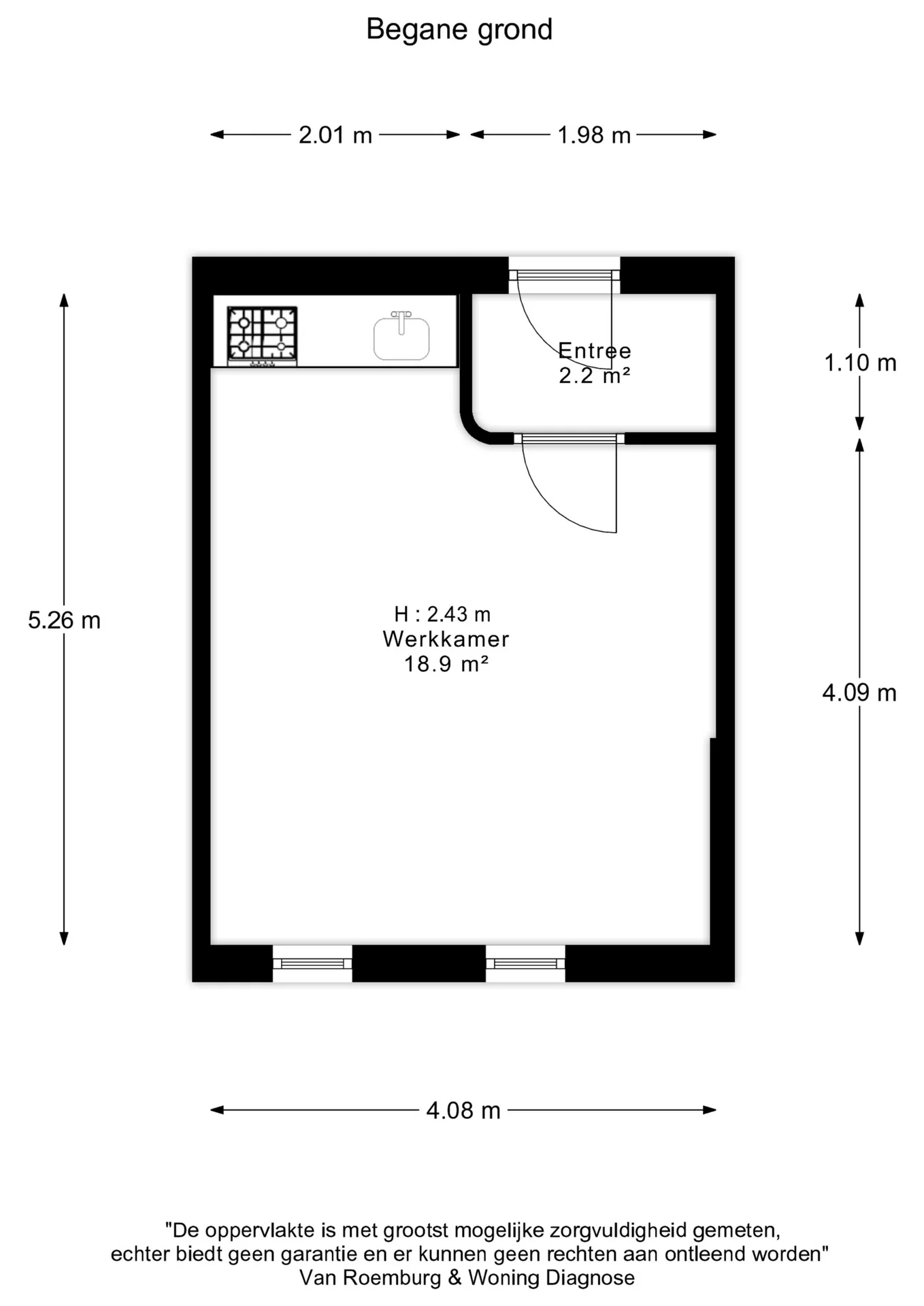 Plattegrond van de begane grond aan de Cornelis Dopperkade met werkruimte van 18,9 m² en aparte entree.
